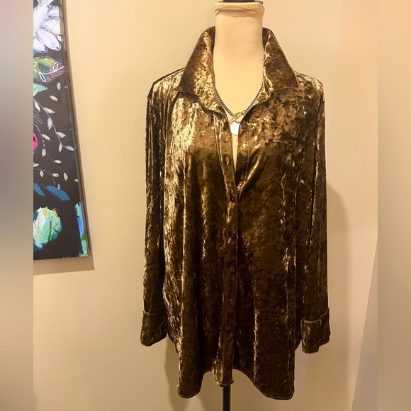 NWT Multiples Velvet Button-Up Shirt in Rich Brown, XL - Picture 1 of 7